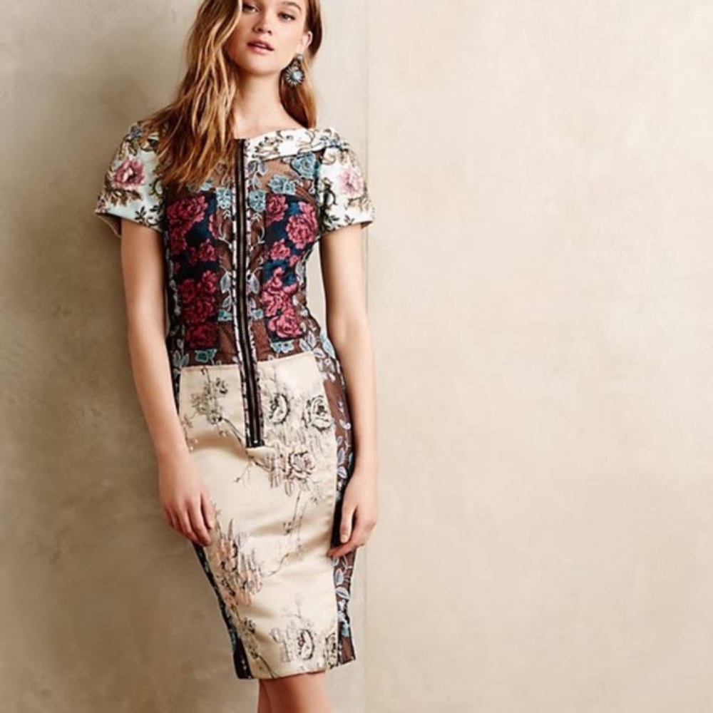 Anthropologie Byron Lars “Beguile” Pieced Brocade Dress Embroidered Floral Sz 0P